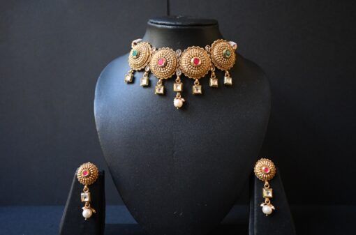 Gold Polished Meena work Necklace Earring Set