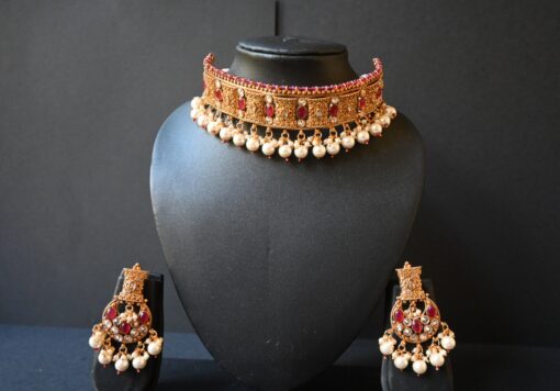 Maroon Stone & Pearl Necklace